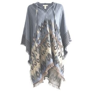 Free People Hooded Poncho Boho Fringe Ikat Print Oversized Blue Tan One Size